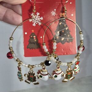 Christmas Dangled Fashion Earrings with Little White Pearls, Snowman, Xmas Tree.